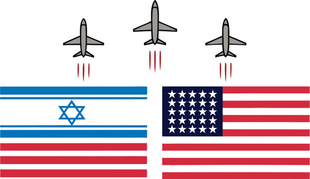 Flags of israel and usa with airplanes dropping missiles, conflict concept