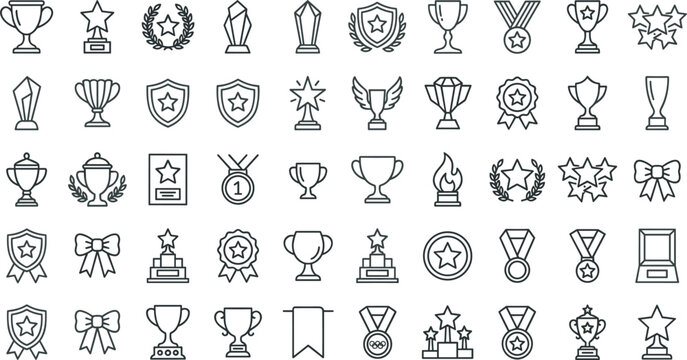Comprehensive collection of award line icons featuring trophies, medals, stars, laurel wreaths, and winner cups for celebrating success, achievement, competition, and leadership excellence in design.