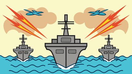 Aircraft carrier and missile boats under attack, intense sea battle © SnappyDesigns