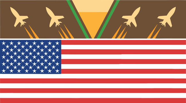 Composite flag of usa and israel with warplanes, dramatic battle scene