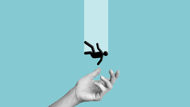 Risk and support concept with falling person and helping hand, failure, danger, rescue, trust, crisis assistance and human help metaphor on minimal background