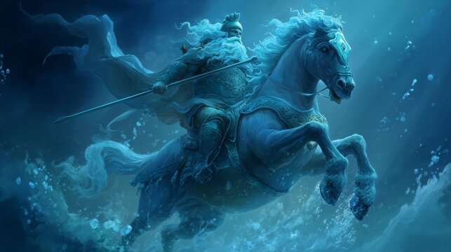 Poseidon rides a horse through the deep blue sea while holding a trident during ancient Greek times