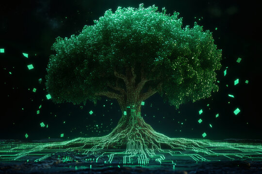 Majestic glowing tree with digital neural network roots and sparkling light particles, concept of green technology, sustainable innovation, and artificial intelligence in nature, dark background