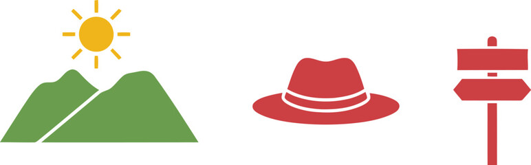 Set of travel icons featuring a mountain with sun, a red fedora hat, and a wooden signpost for vacation and adventure © azad