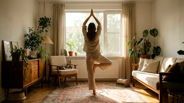 Woman Performing Yoga Tree Pose Near Window at Home &mdash; Wanita Melakukan Pose Pohon di Dekat Jendela Rumah