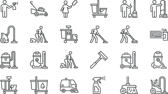 Comprehensive collection of professional cleaning service line icons featuring janitorial staff, vacuuming, window washing, lawn mowing, and sanitation equipment for commercial and residential mainten