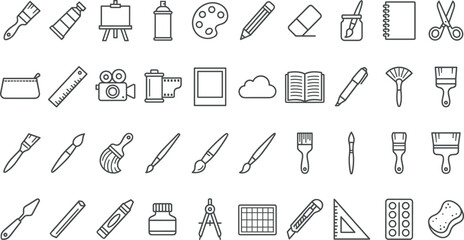 Detailed collection of art supplies and creative stationery line icons including brushes, palettes, pencils, cameras, and craft tools for artistic education, professional studio branding, and digital  © Imran