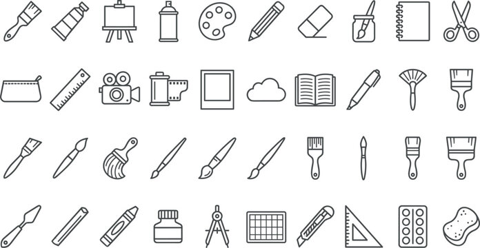Detailed collection of art supplies and creative stationery line icons including brushes, palettes, pencils, cameras, and craft tools for artistic education, professional studio branding, and digital 