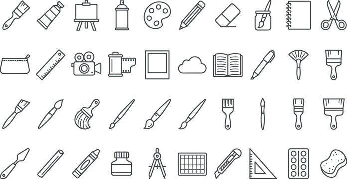 Large collection of art and stationery line icons featuring brushes, pencils, palettes, scissors, cameras, and creative tools for artists, designers, students, and hobbyists in craft and design projec