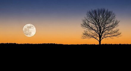 Fototapeta premium Silhouette of a bare tree against a twilight sky with a large glowing full moon rising