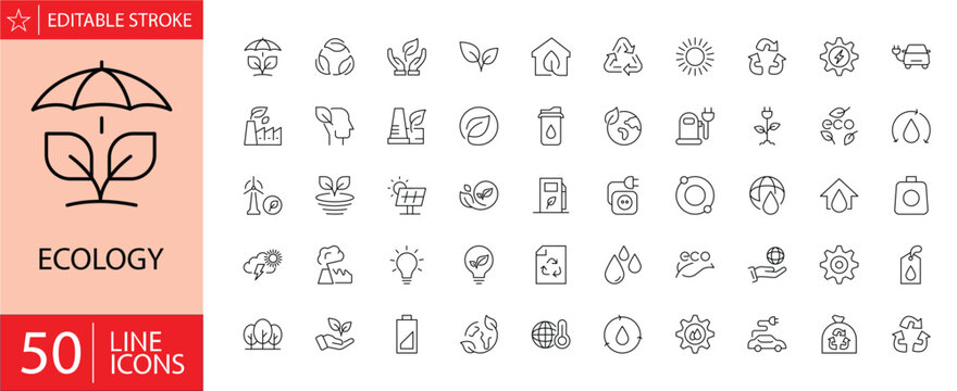 Ecology icons set. Includes symbols of nature, environment, sustainability, recycling, renewable energy, conservation, and eco-friendly concepts. Editable stroke. Vector illustration. Outline icons.
