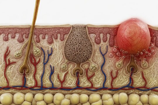 Cross-section of human skin showing acne formation: open and closed comedones, enlarged sebaceous gland, hair follicle, blood vessels, and large inflamed nodule with pus. Generative AI illustration