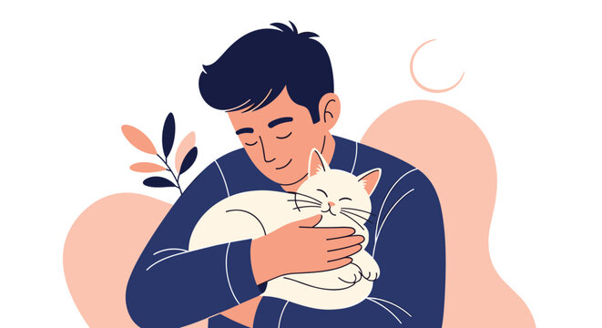 Heartwarming illustration of a young man gently hugging his favorite white pet cat with a soft pink background and decorative leaves.