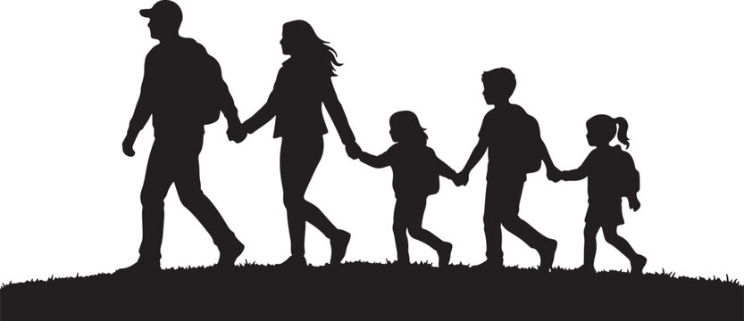 Happy family with three children walking together holding hands silhouette isolated on white background for travel and outdoor adventure concept,