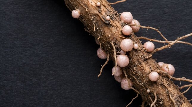 Rhizobium root nodule, nitrogen fixation in agriculture ,organic texture background, copy space