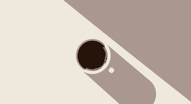 A minimalist overhead shot of a steaming cup of coffee casting a long shadow on a neutral background