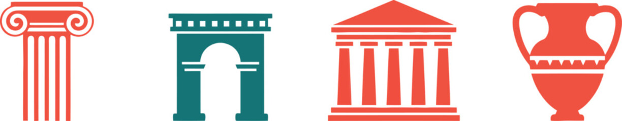 Naklejka premium Set of ancient Greece symbols featuring a classic pillar, triumphal arch, monumental temple building, and ceramic vase