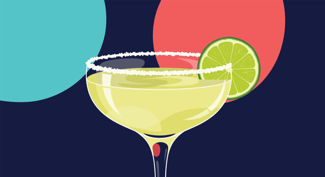 Refreshing lime margarita cocktail in a salt rimmed glass served against a dark abstract background with bright colorful circles.