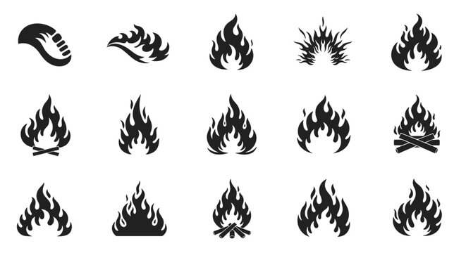 Set of black flame icons and bonfire silhouettes representing fire heat and energy in various artistic shapes.