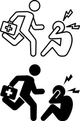Fototapeta premium First Aid Icons. Line and Glyph Vector Icons. Doctor with a Medical Case Running to a Sick Person. Emergency Aid for a Victim. Emergency Situation Concept