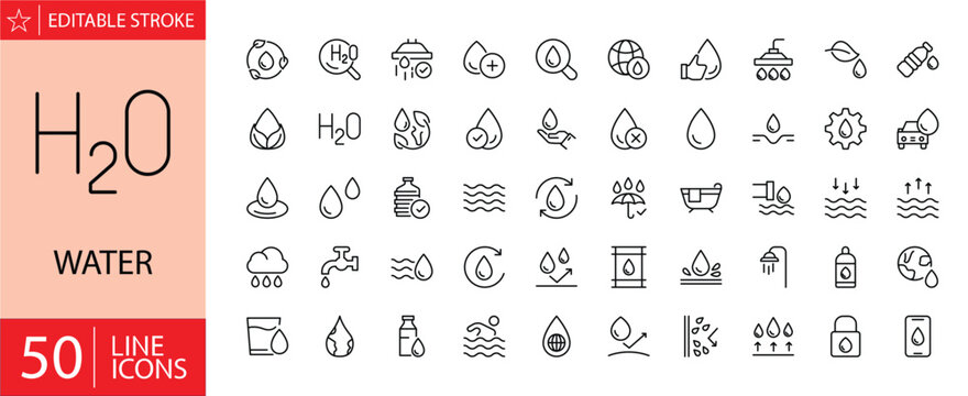 Water related icons set. Including drops, waves, hydration, faucet, ocean, rain, plumbing, purification, water supply, and conservation. Editable stroke. Outline icons.