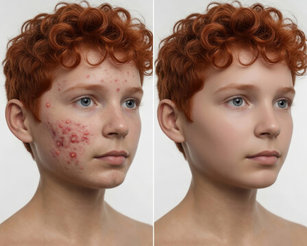 Split portrait of a teenage boy before and after acne treatment. Left: visible acne vulgaris with papules and pustules. Right: clear healed skin. Generative AI illustration