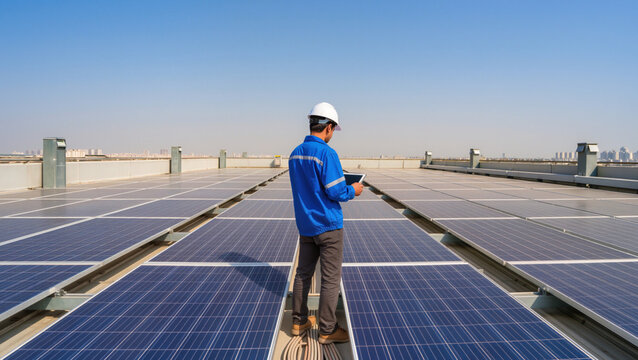 Technician audits rooftop solar panel installation.
​White safety helmet and blue uniform.
​City skyline stretches across the horizon.
​Monitoring urban renewable energy site performance.