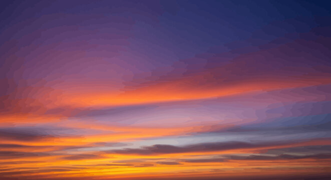 Vibrant orange and purple sunset sky with wispy clouds at dusk
