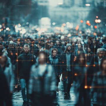 Diverse crowd with facial recognition grid overlay on city street at dusk in blue tones