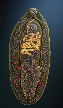 Detailed anatomical structure of Fasciolopsis buski, the giant intestinal fluke. Generative AI illustration
