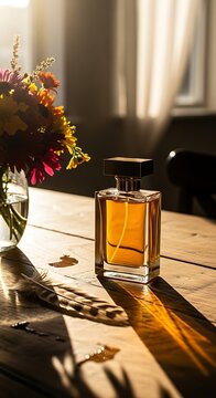 Elegant perfume bottle bathed in warm sunlight next to a vibrant floral bouquet