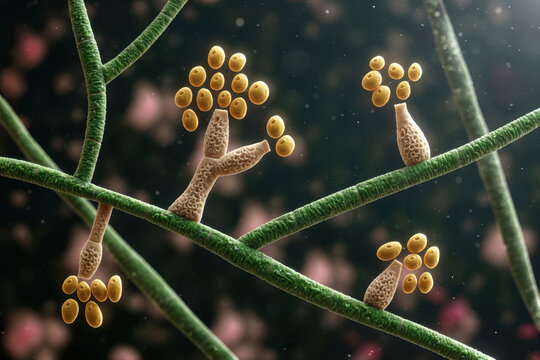 Madurella fungi microscopic structure, generative ai illustration. Highly magnified view of septate hyphae, grain-like sclerotia and characteristic fungal elements