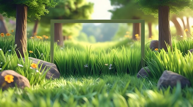 Forest landscape with a rectangular frame opening to a bright green meadow 3d render