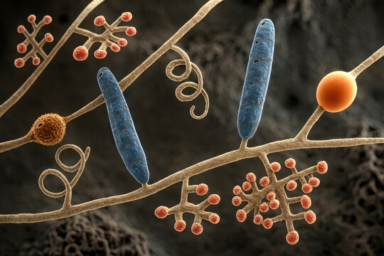 Trichophyton mentagrophytes, a dermatophyte fungus. Shows septate hyphae, microconidia, macroconidia, spiral hyphae and arthrospores. Generative AI illustration