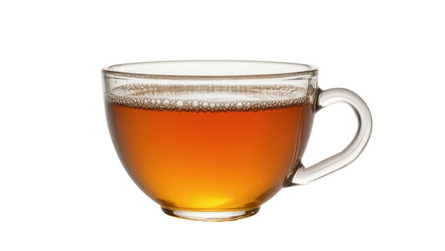 Clear glass cup filled with amber colored hot tea