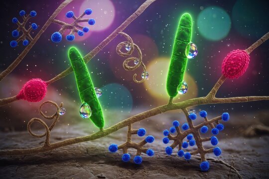 Trichophyton mentagrophytes, a dermatophyte fungus. Shows septate hyphae, microconidia, macroconidia, spiral hyphae and arthrospores. Generative AI illustration