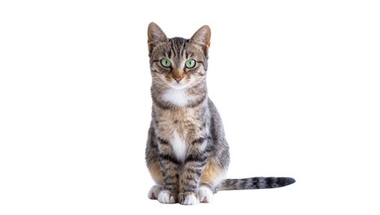 Tabby domestic cat sitting upright with green eyes and white chest © Sylas