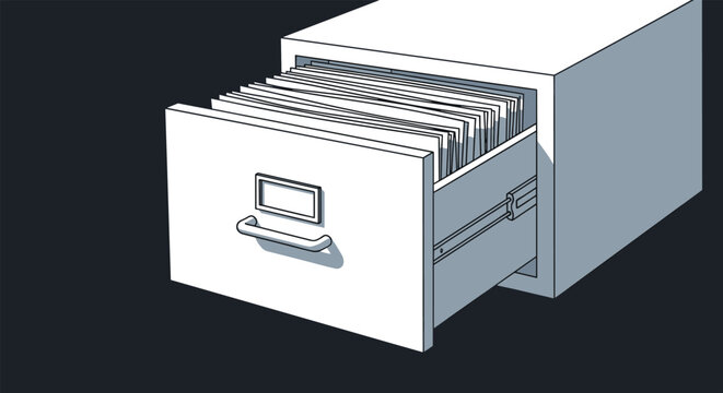 Metal filing cabinet with an open drawer filled with organized folders and documents for office and business work.