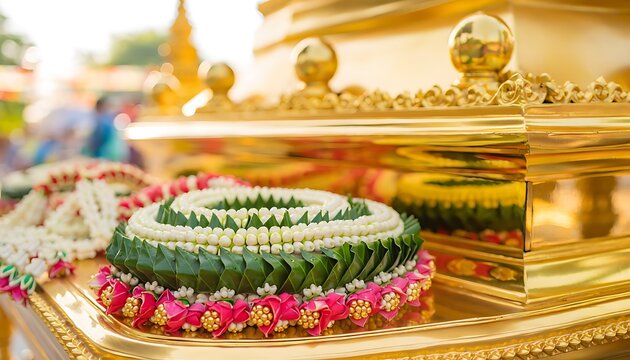 Ornate thai temple decorations a close up of floral offerings and golden architecture