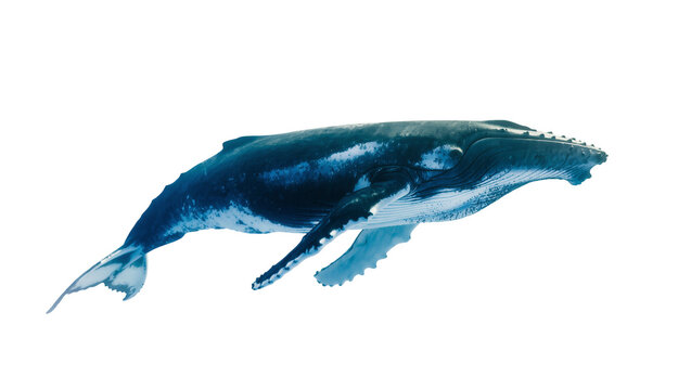 Large Blue Whale Swimming Sideways with Textured Skin and White Undertones
