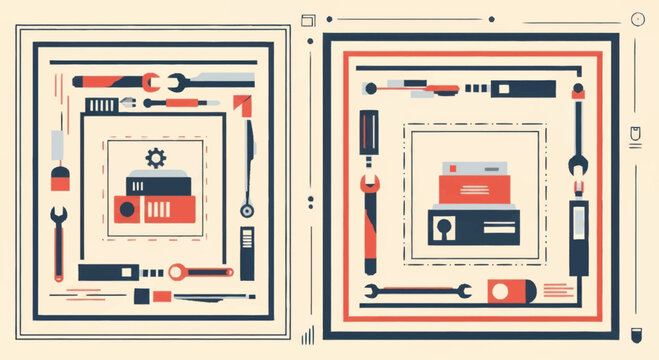 Tools and Components Arranged in Geometric Patterns.