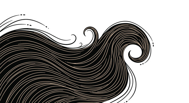 Stylized flowing black hair strands illustrate smooth textures and organic movement in a minimalist graphic style on a plain white background.
