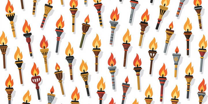 A repeating pattern of cartoonish torches with flame on a white background in digital illustration style.