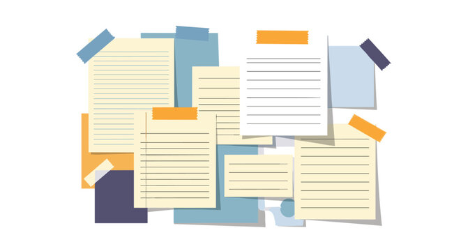 Messy collection of paper notes, memos, and lists are taped together in a cluttered arrangement representing a busy workspace or office.