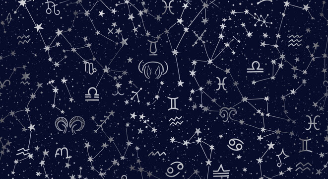 Zodiac signs and constellations on a starry night sky background