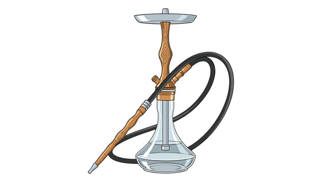 Traditional water pipe hookah with a clear glass base a wooden stem and a long black flexible hose isolated on a white background.