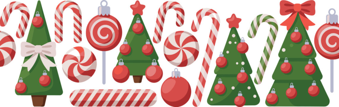 Christmas Candy and Tree Decoration Set with Candy Canes, Lollipops, Ornaments and Festive Holiday Elements Isolated on White Background Vector Illustration