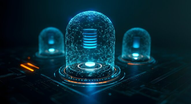 futuristic server racks enclosed in glowing blue digital containment spheres on a dark tech background