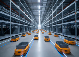Obraz premium Autonomous transport robots moving through a warehouse aisle. Automated logistics system for factory and industrial supply chain management. Future technology, shipping and delivery concept.