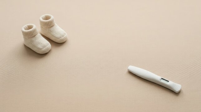 Baby booties and pregnancy test on beige surface symbolizing fertility and anticipation